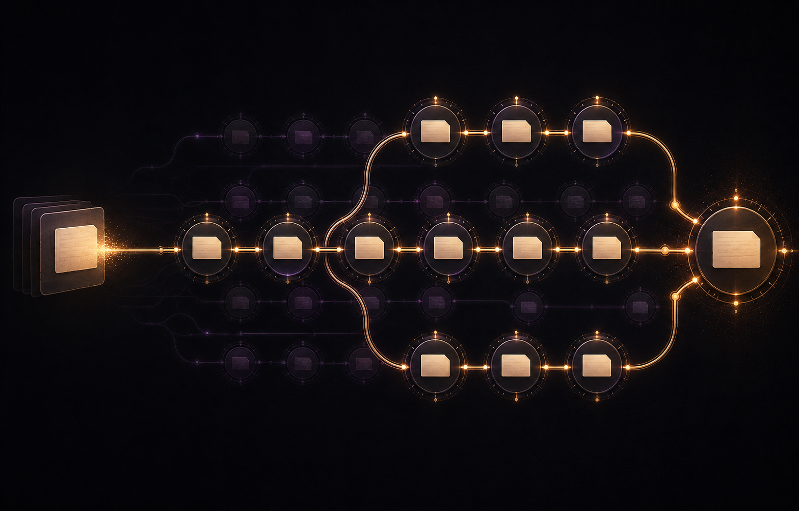 A branching memory history showing timestamped versions preserved through multiple branches and merges.